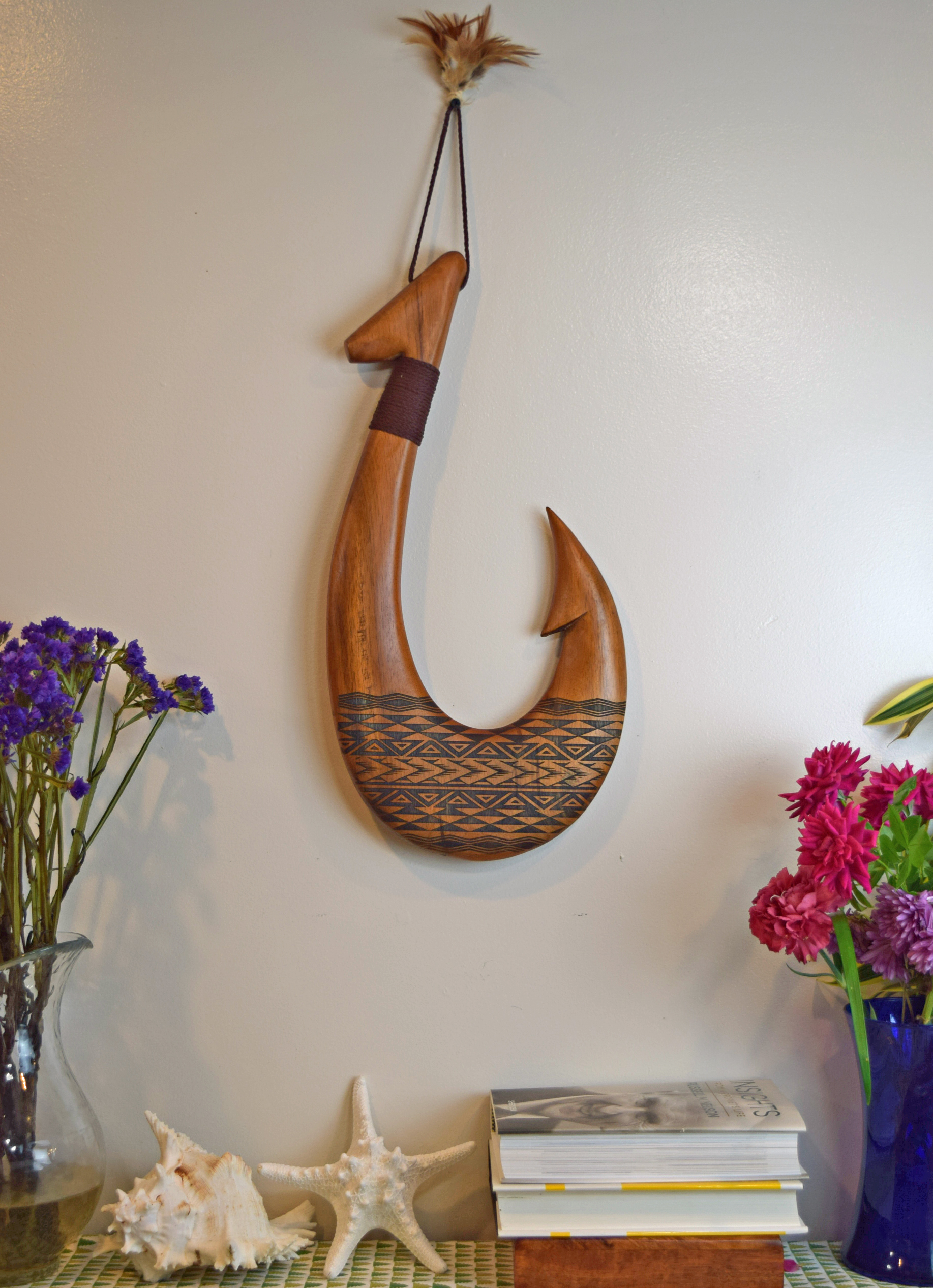Hawaiian Fish Hook Hand Carved Wood Hanging Decoration - Wall Art, 2XL Size  